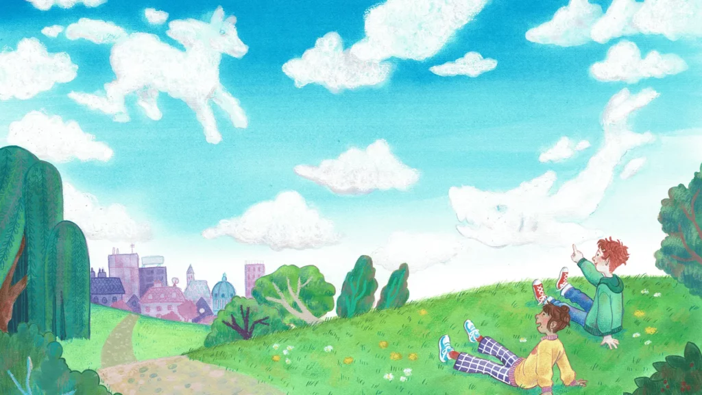 ACHSE VERLAG Banner Wolken, Illustration von zwei Kindern auf einer Wiese beim Beobachten von Wolken in Tierform
